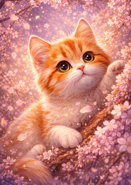 Cute Orange Kitten in Cherry Blossoms