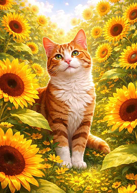 Orange Tabby Cat in Sunflower Field