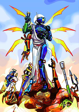 Robot Angel Standing Over Defeated Foes