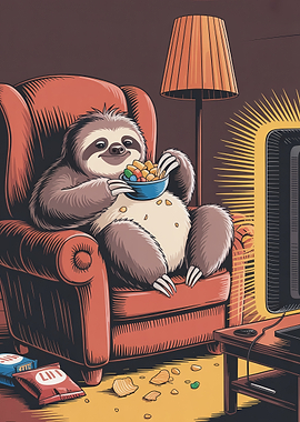Sloth Watching TV and Eating Snacks