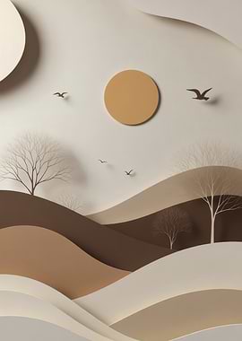 Abstract Landscape with Sun and Birds