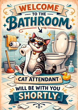 Cat Attendant in Bathroom Poster