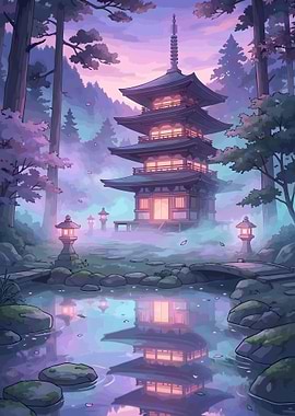 Japanese Pagoda Forest Twilight Anime