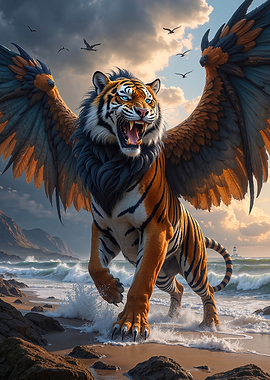 Fantasy Winged Tiger on a Beach