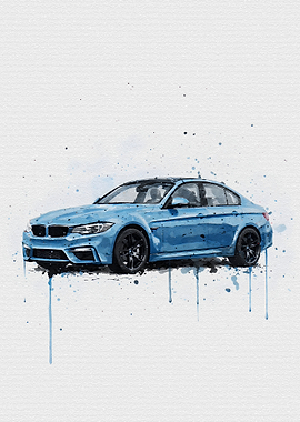 Blue BMW M3 Sedan Watercolor Art