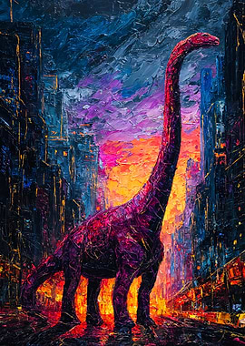 Brachiosaurus In City Impasto Painting