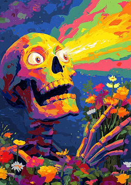 Psychedelic Skeleton Picking Flowers