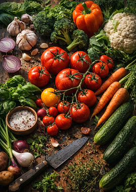 Fresh Vegetables and Ingredients on Wooden Table