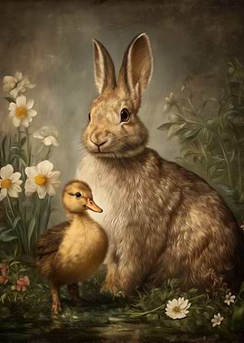 Bunny and Duckling in Flowers