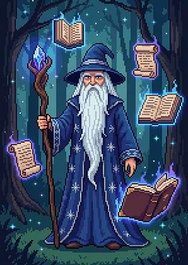 Pixel Art Wizard with Magical Books