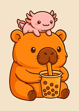 Cute capybara Boba Tea Poster, Kawaii Axolotl Art Print, Adorable Animal Wall Decor