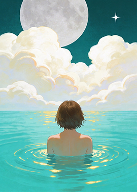 Woman in water under moon and clouds