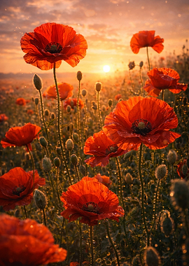Field of Poppies at Sunset