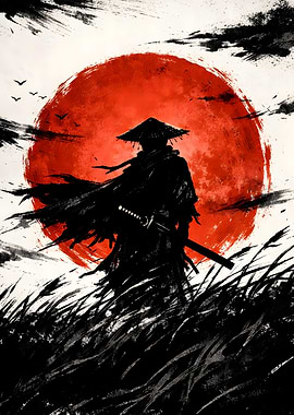 Lone Samurai Red Sun — Japanese Ink Warrior Art