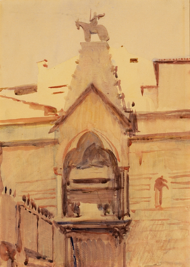 Watercolor painting of a building facade