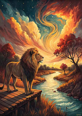 Majestic Lion on a Wooden Platform