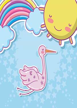 Cute Pink Stork and Sunny Rainbow Sky