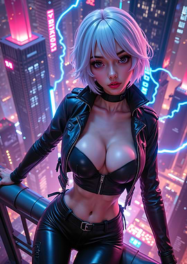 Sexy Anime Cyberpunk Girl in Cityscape