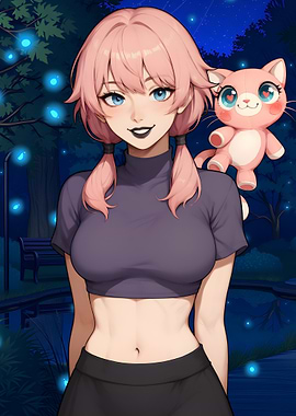 Sierra and Happy - Anime Girl with Pink Hair and Plush Cat