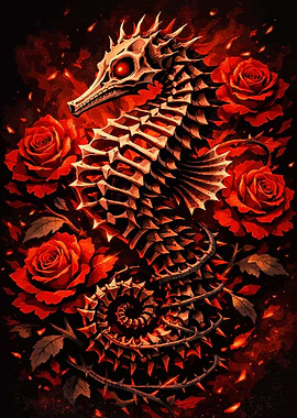 Fiery Skeleton Seahorse with Roses