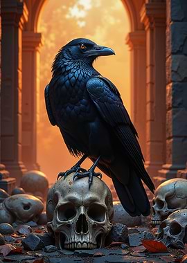Dark Fantasy Raven perched on a skull