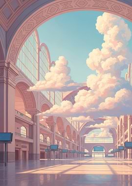 Anime Train Station with Clouds
