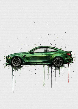 Green Sports Car Watercolor Drip Art