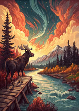 Moose on a Bridge Over a River