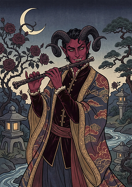 Tiefling Playing Flute in Japanese Garden