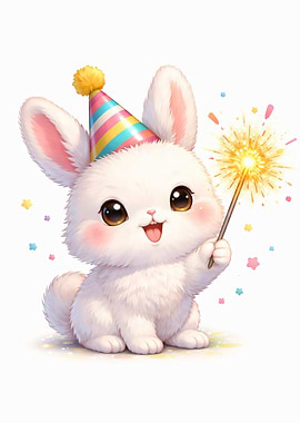 Cute Bunny with Sparkler and Party Hat