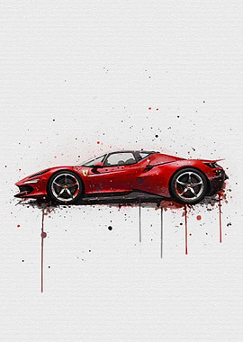 Red Ferrari Sports Car Watercolor
