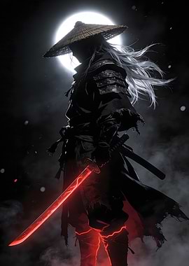 Título: Dark Samurai Red Katana — Moon Night Warrior Art
