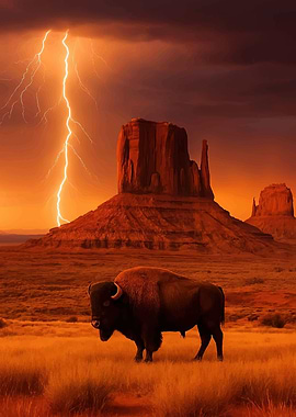 Bison in Monument Valley During Lightning Storm