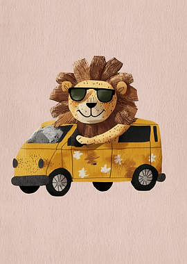 Lion driving a yellow van