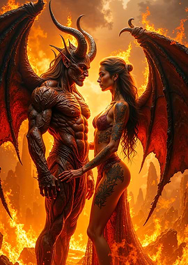 Romantasy Demonic Couple in Fiery Landscape