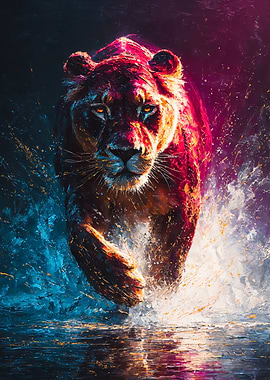 Lioness Charging Through Vibrant Water