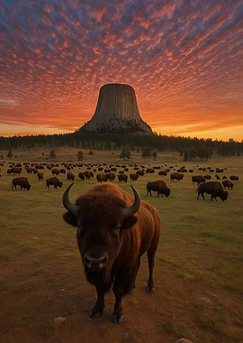 Bison herd at Devils Tower at sunset