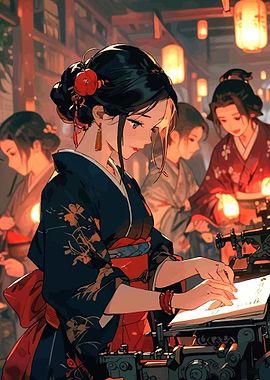 Woman in Kimono Typing