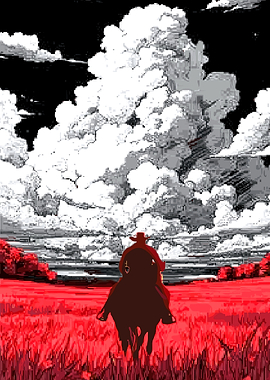 Cowboy Riding Horse Through Red Field