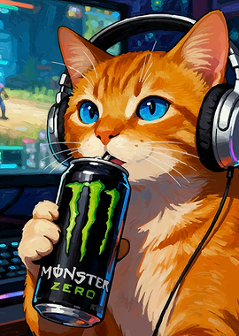 Gamer Cat Drinking Monster Energy
