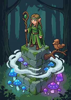 Pixel Art Elf Mage in Forest