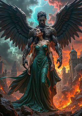 Dark Angel and Woman in a Burning City