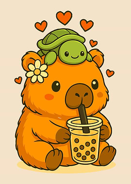 Capybara Bubble Tea Poster, Cute Kawaii Animal Wall Art, Adorable Boba Drink Illustration