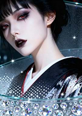 Gothic Geisha with Red Eyes and Diamonds
