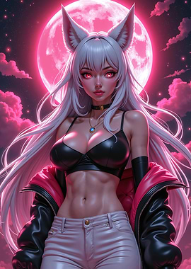 Sexy Anime Fox Girl Under Pink Moon