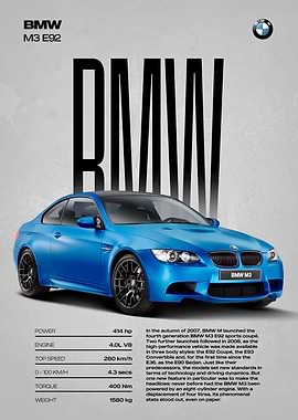 BMW M3 E92 Car Poster