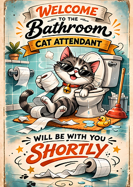 Funny Cat Bathroom Attendant Poster