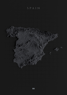 Spain Topographic Map - 3D Dark Shaded Relief Elevation Poster