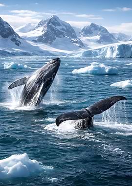 Whales breaching in Antarctic waters