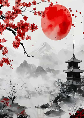 Japanese Landscape with Cherry Blossoms and Pagoda